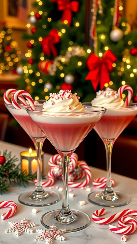 Festive peppermint cocktails in glasses with whipped cream and candy cane garnish, surrounded by holiday decorations.